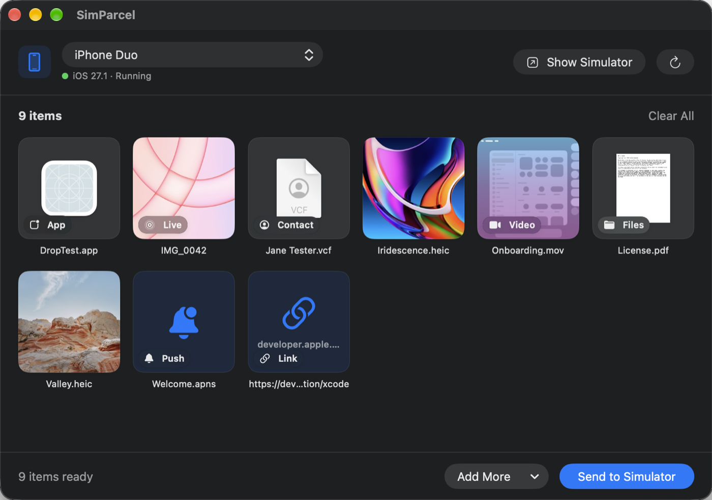 The SimParcel window with a queue of an app, a Live Photo, a contact, photos, a video, a PDF, a push payload and a link, ready to send to an iPhone simulator